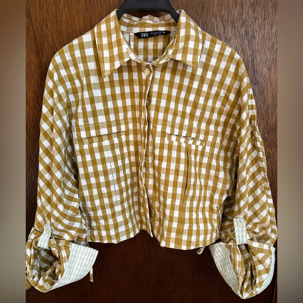 Zara Mustard and White Gingham Cropped Top Blouse - NWOT